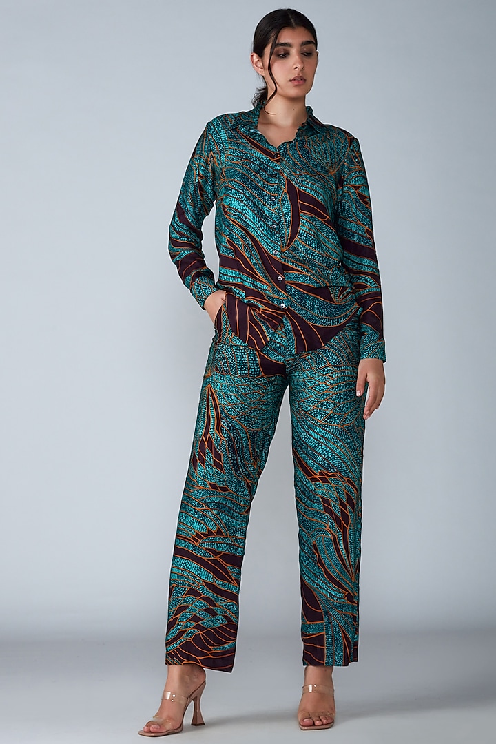 Turquoise Abstract Printed Pant Set by Saaksha & Kinni at Pernia's Pop Up Shop