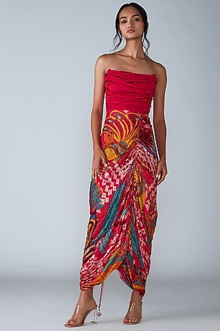 Pink Cotton Silk Printed Saree Dress by Saaksha & Kinni