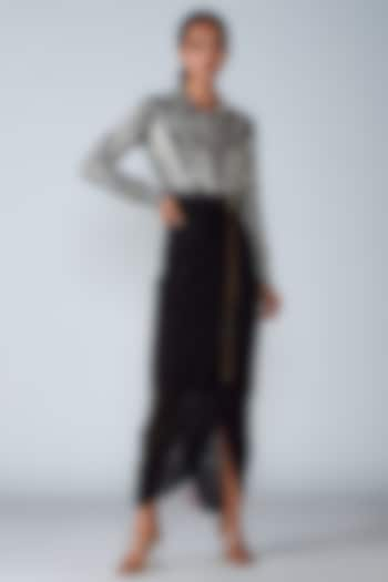 Black Cotton Silk Micro Pleated Skirt Set by Saaksha & Kinni at Pernia's Pop Up Shop