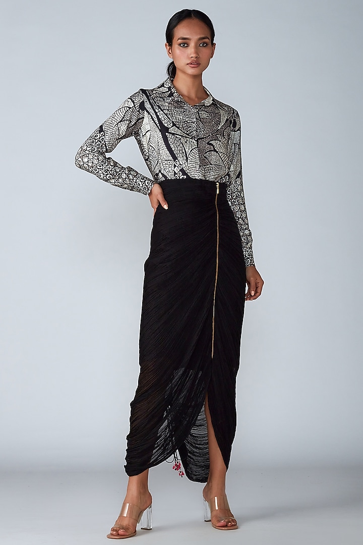 Black Cotton Silk Micro Pleated Skirt Set by Saaksha & Kinni at Pernia's Pop Up Shop