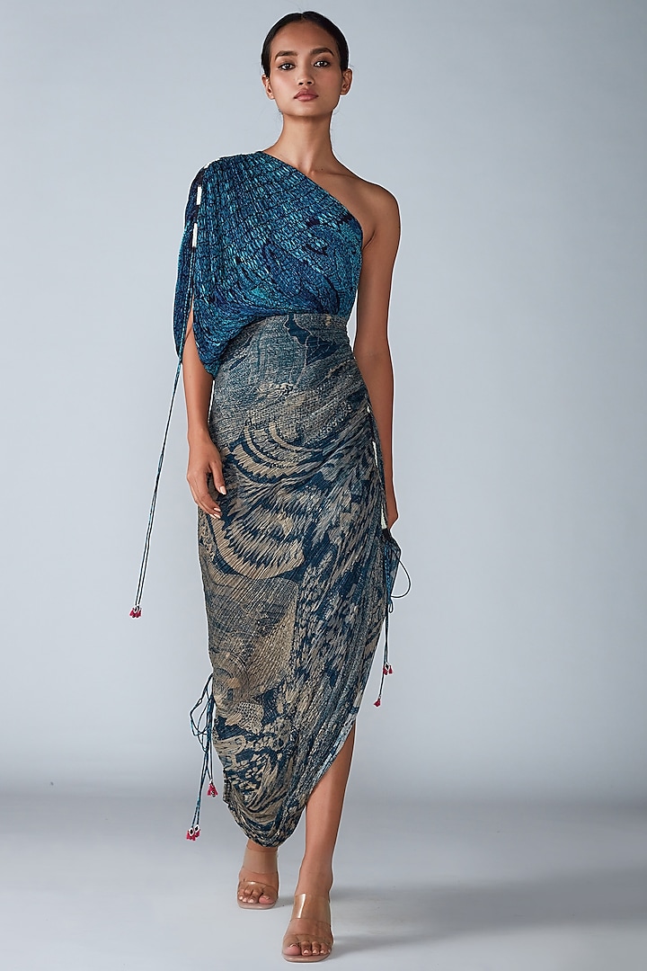 Blue Cotton Silk Printed Saree Dress by Saaksha & Kinni