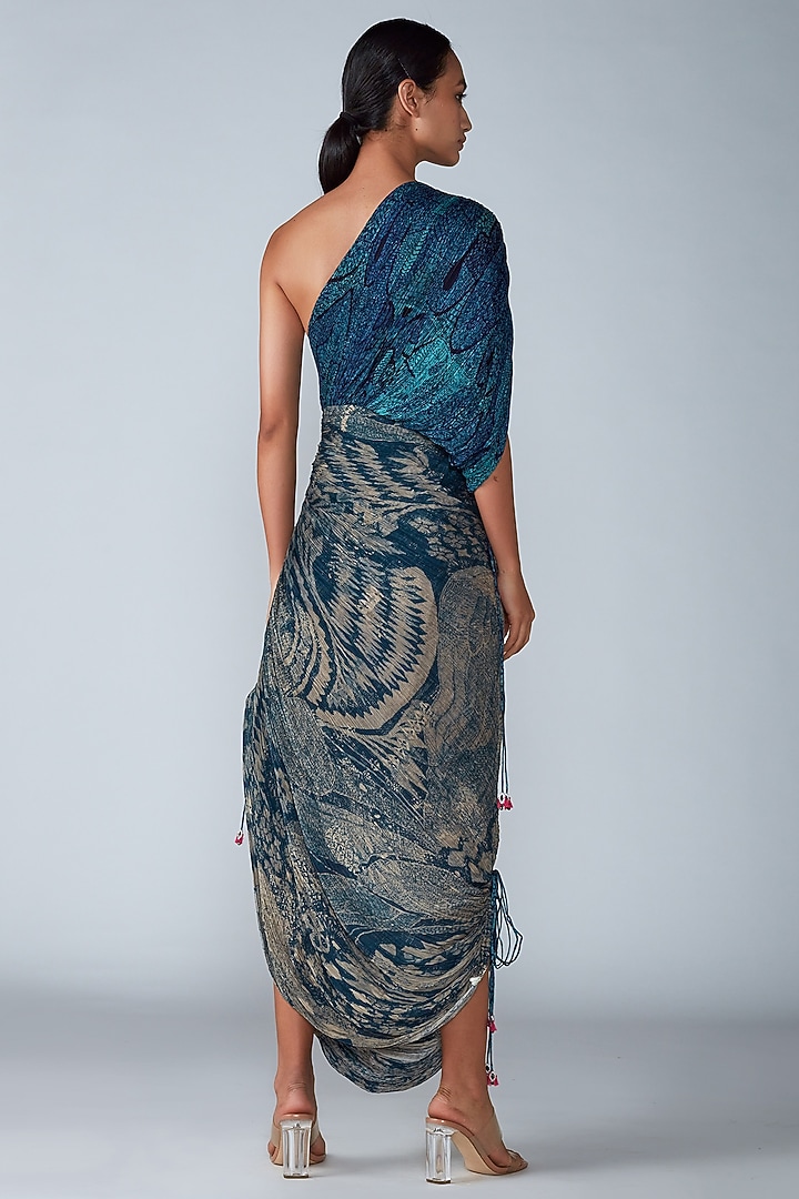 Blue Cotton Silk Printed Saree Vacation Dress by Saaksha & Kinni at Pernia's Pop Up Shop