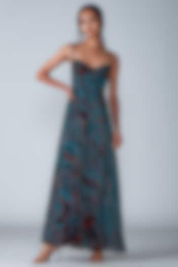 Turquoise Chiffon Printed Maxi Dress by Saaksha & Kinni