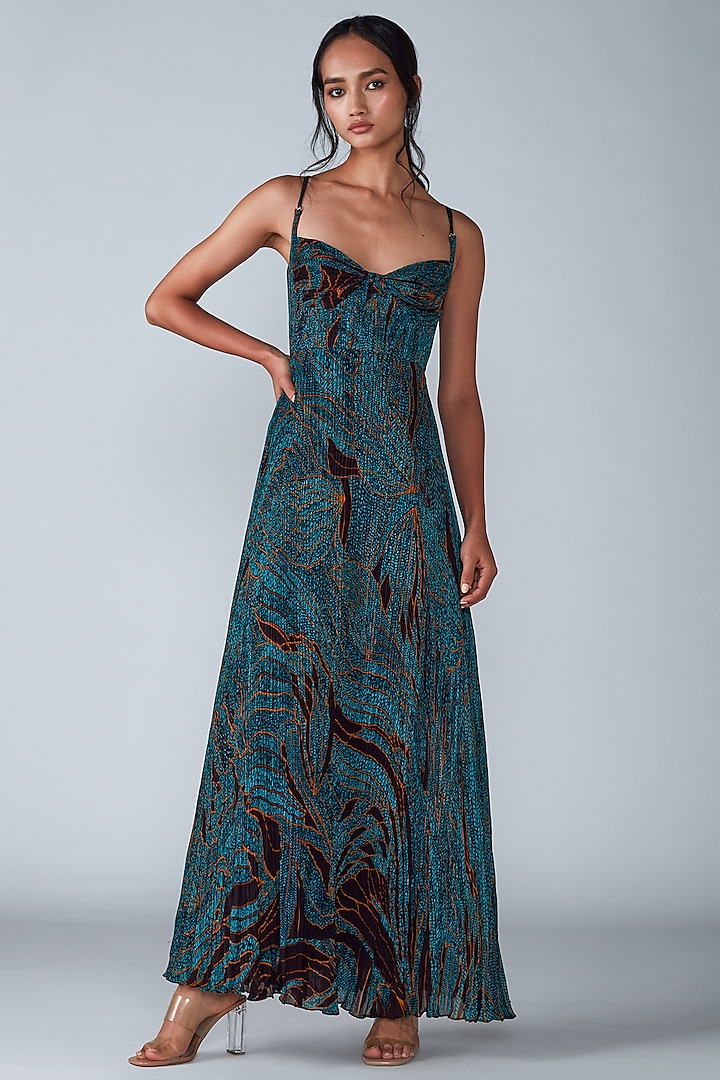 Turquoise Chiffon Printed Maxi Dress by Saaksha & Kinni