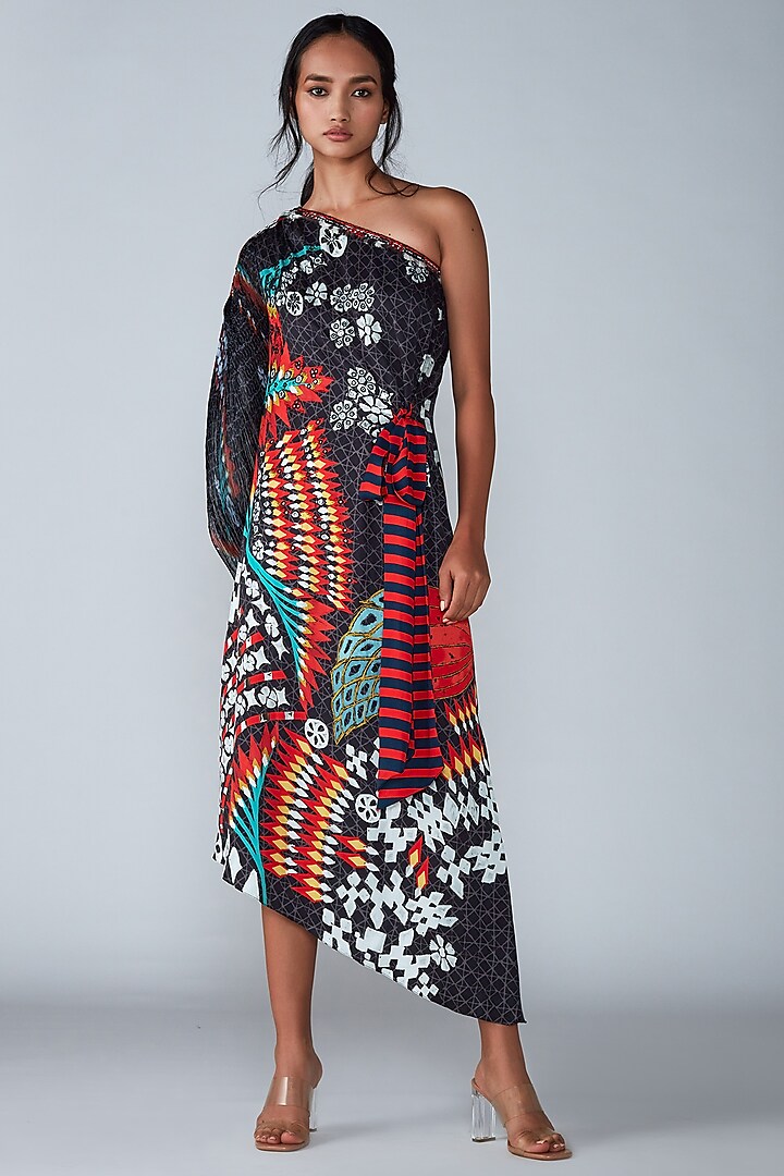 Multi-Coloured Printed One Shoulder Dress by Saaksha & Kinni