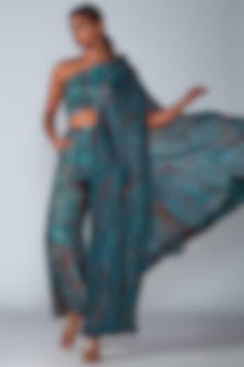 Turquoise Satin Printed Pant Set by Saaksha & Kinni
