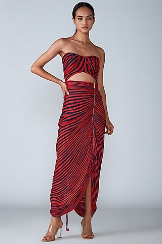 Red & Navy Cotton Silk Micro Pleated Striped Printed Skirt Set by Saaksha & Kinni