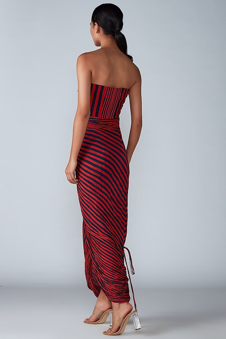 Red & Navy Cotton Silk Micro Pleated Striped Printed Skirt Set by Saaksha & Kinni at Pernia's Pop Up Shop