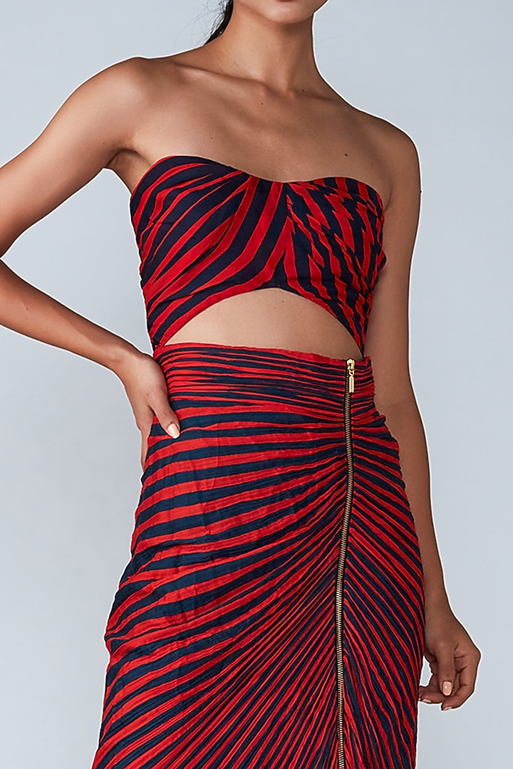 Red & Navy Cotton Silk Micro Pleated Striped Printed Skirt Set by Saaksha & Kinni at Pernia's Pop Up Shop