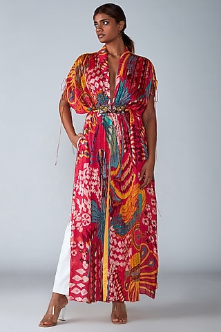 Fuchsia Printed & Hand Embroidered Kaftan Jacket Set by Saaksha & Kinni