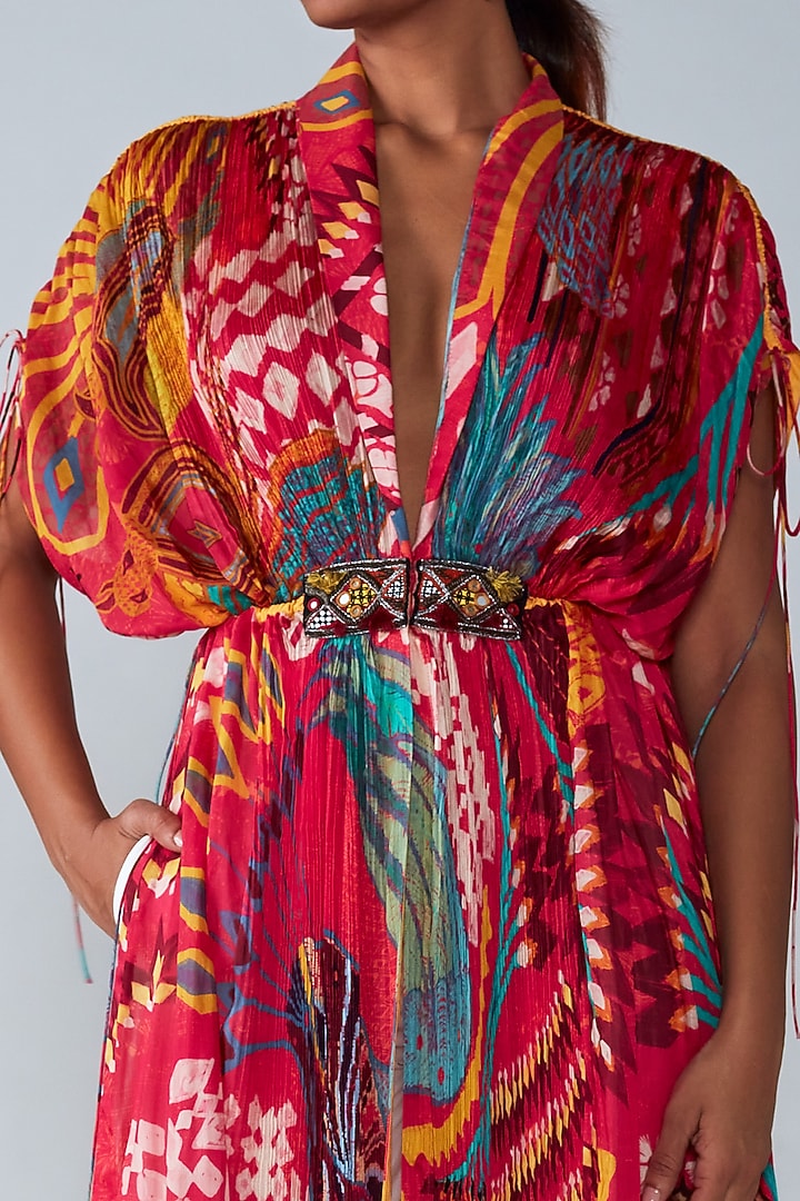 Fuchsia Printed & Hand Embroidered Kaftan Jacket Set by Saaksha & Kinni at Pernia's Pop Up Shop