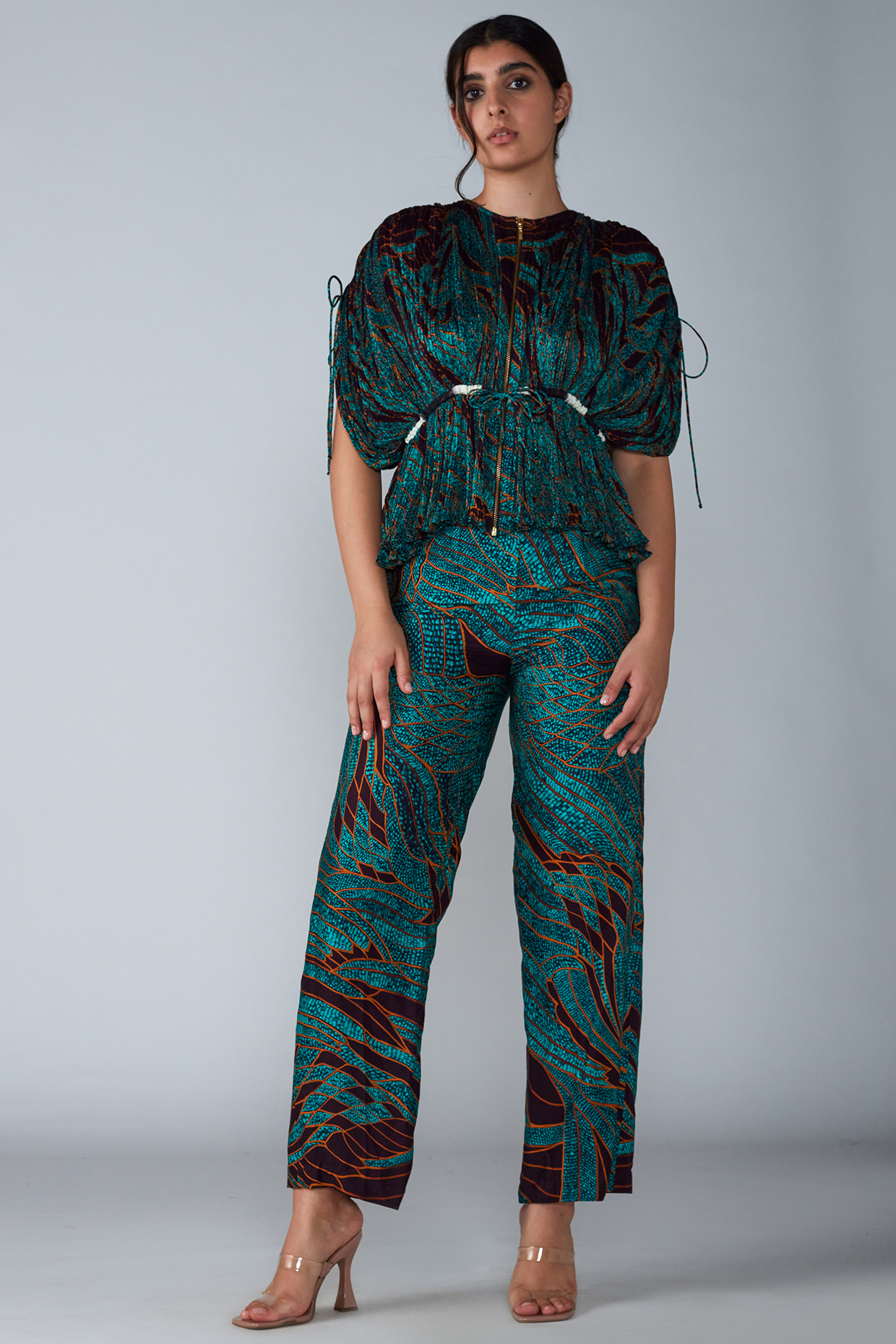Turquoise Printed Hand Micro-Pleated Kaftan Set by Saaksha & Kinni at Pernia's Pop Up Shop