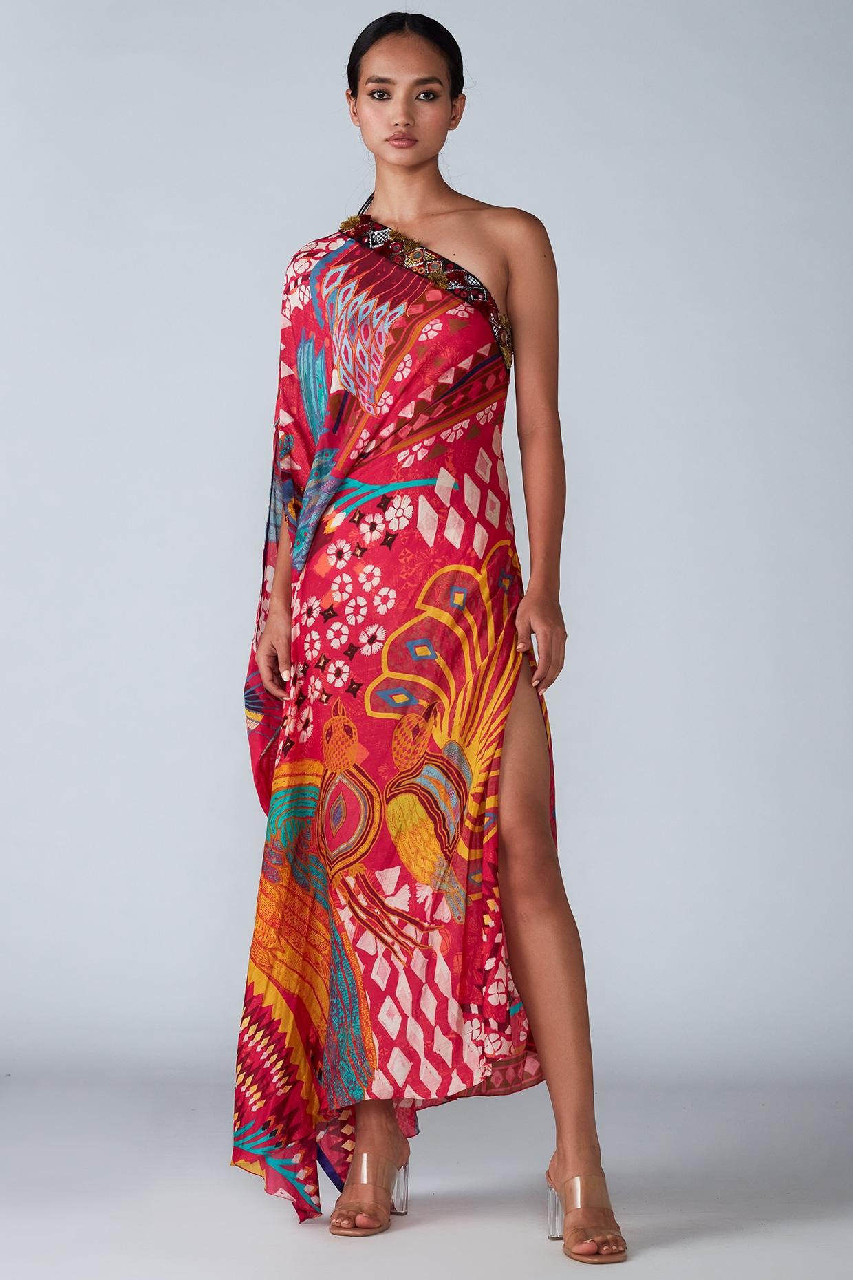 Purple Georgette Floral Printed One-Shoulder Kaftan Dress Design by Miku  Kumar at Pernia's Pop Up Shop 2024