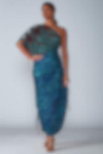 Turquoise Cotton Silk Hand Micro-Pleated Saree Dress by Saaksha & Kinni