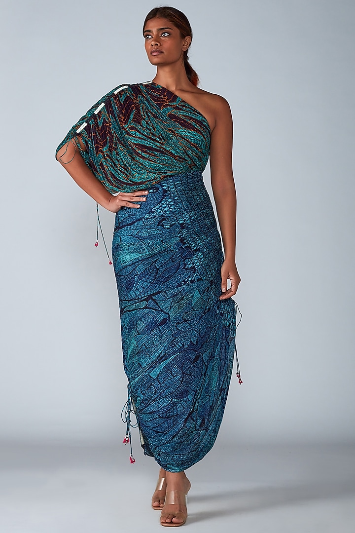 Turquoise Cotton Silk Hand Micro-Pleated Saree Dress by Saaksha & Kinni