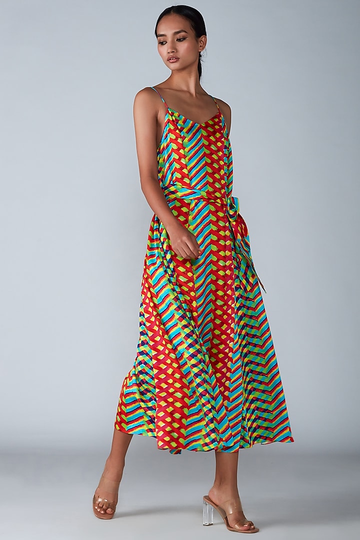 Multi-Colored Printed Summer Dress With Belt by Saaksha & Kinni