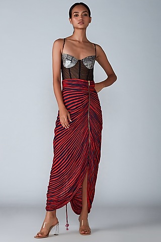 Red & Navy Hand Micro-Pleated Skirt Set by Saaksha & Kinni