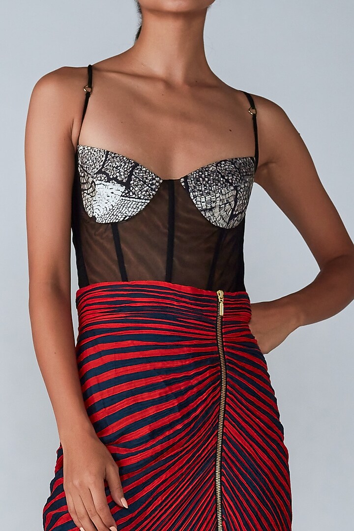 Red & Navy Hand Micro-Pleated Skirt Set by Saaksha & Kinni at Pernia's Pop Up Shop