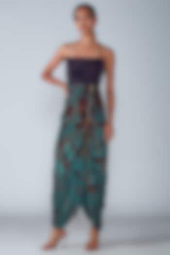 Turquoise Printed Hand Micro-Pleated Corset Saree Dress by Saaksha & Kinni