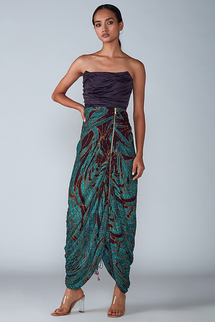 Turquoise Printed Hand Micro-Pleated Corset Saree Dress by Saaksha & Kinni