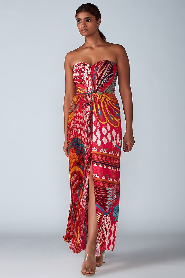 Pink Printed Hand Micro-Pleated Maxi Dress by Saaksha & Kinni