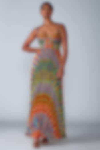 Multi-Colored Printed Hand Micro-Pleated Maxi Dress by Saaksha & Kinni