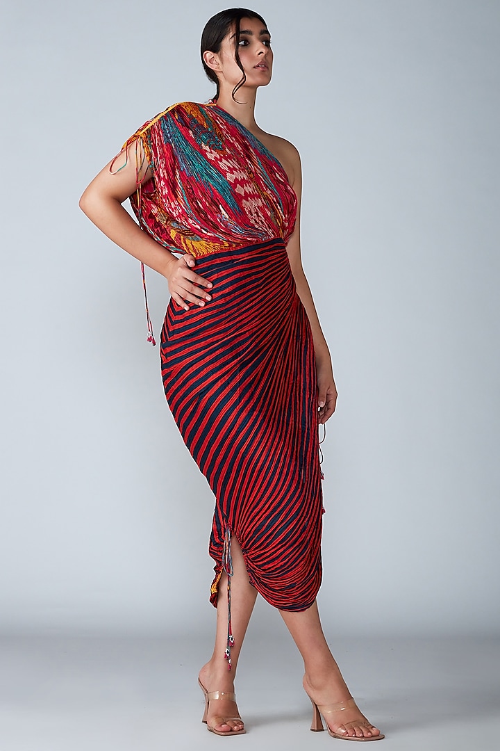 Multi-Colored Printed Hand Micro-Pleated Saree Dress by Saaksha & Kinni