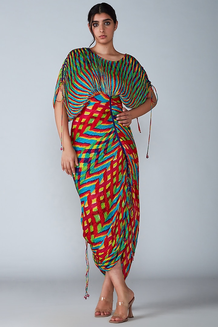 Multi-Colored Printed Hand Micro-Pleated Saree Dress by Saaksha & Kinni