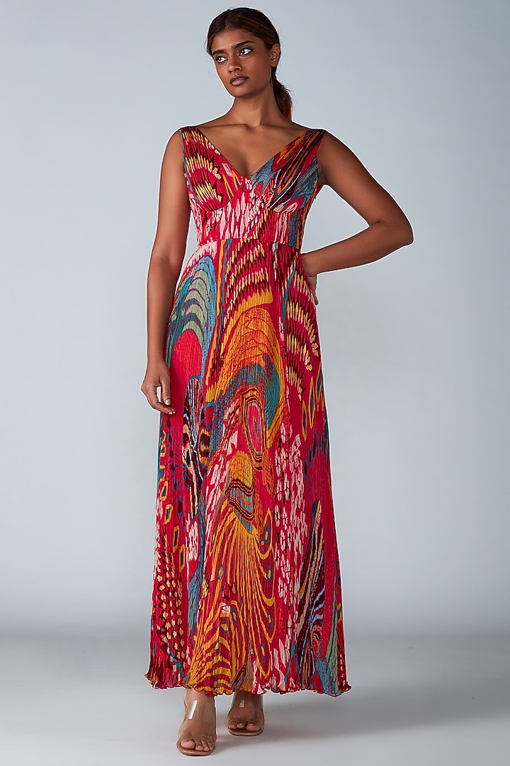 Pink Chiffon Abstract Printed Maxi Vacation Dress by Saaksha & Kinni at Pernia's Pop Up Shop