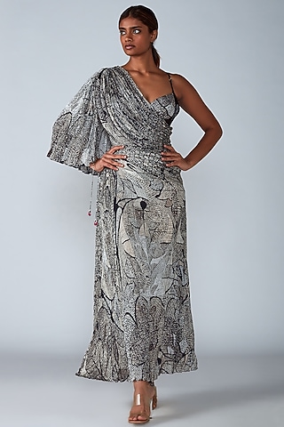 Black & White Printed Saree Dress With Bodysuit by Saaksha & Kinni