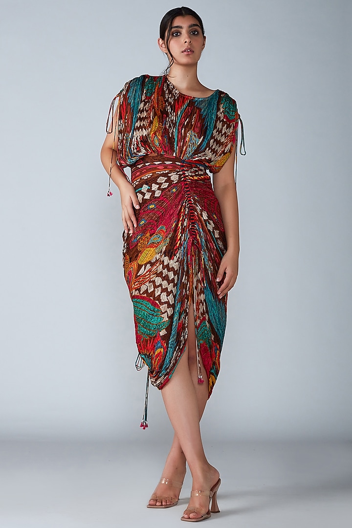 Brown Printed Hand Micro-Pleated Saree Dress by Saaksha & Kinni