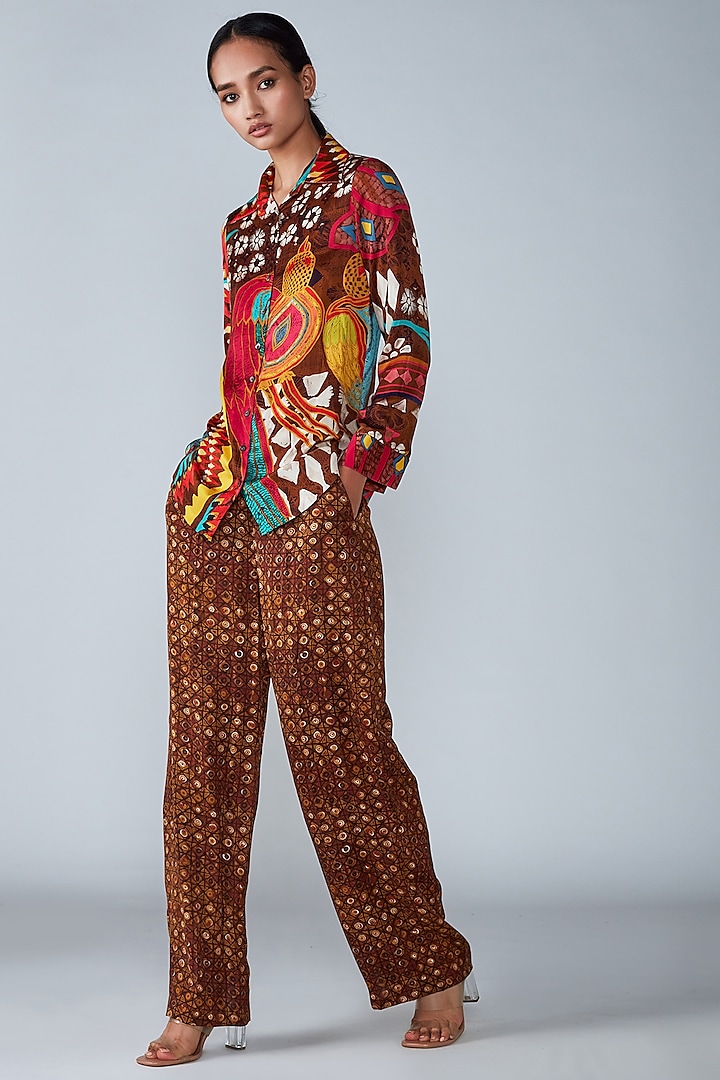 Brown Printed High-Waisted Trouser Set by Saaksha & Kinni