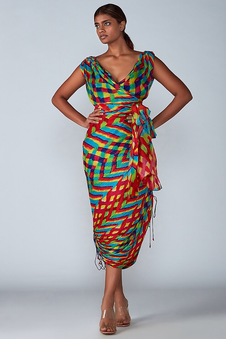 Multi-Colored Cotton Silk Printed Pleated Skirt Set by Saaksha & Kinni