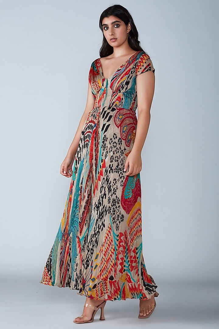 Multi-Colored Printed Micro-Pleated Dress by Saaksha & Kinni