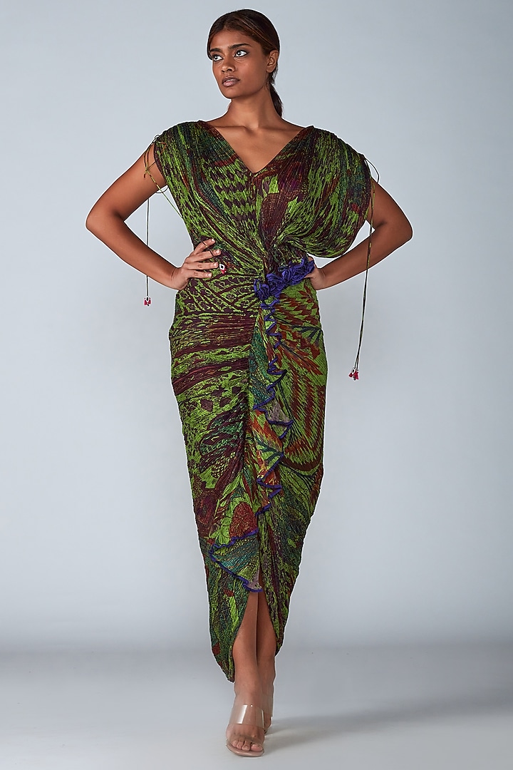 Green Printed Micro-Pleated Saree Dress by Saaksha & Kinni