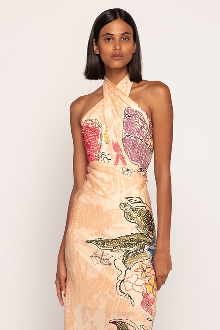 Peach Satin Bandhani Printed Maxi Vacation Dress by Saaksha & Kinni at Pernia's Pop Up Shop
