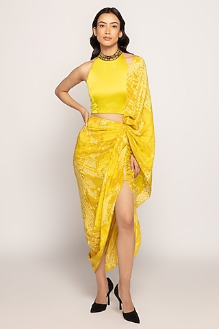 Yellow Silk Printed Skirt Saree Set by Saaksha & Kinni