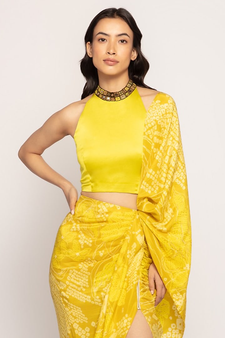 Yellow Silk Printed Skirt Wedding Saree Set by Saaksha & Kinni at Pernia's Pop Up Shop