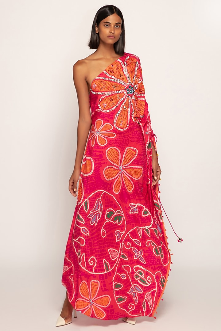 Pink & Orange Silk Bandhani Printed Asymmetric Kaftan by Saaksha & Kinni at Pernia's Pop Up Shop