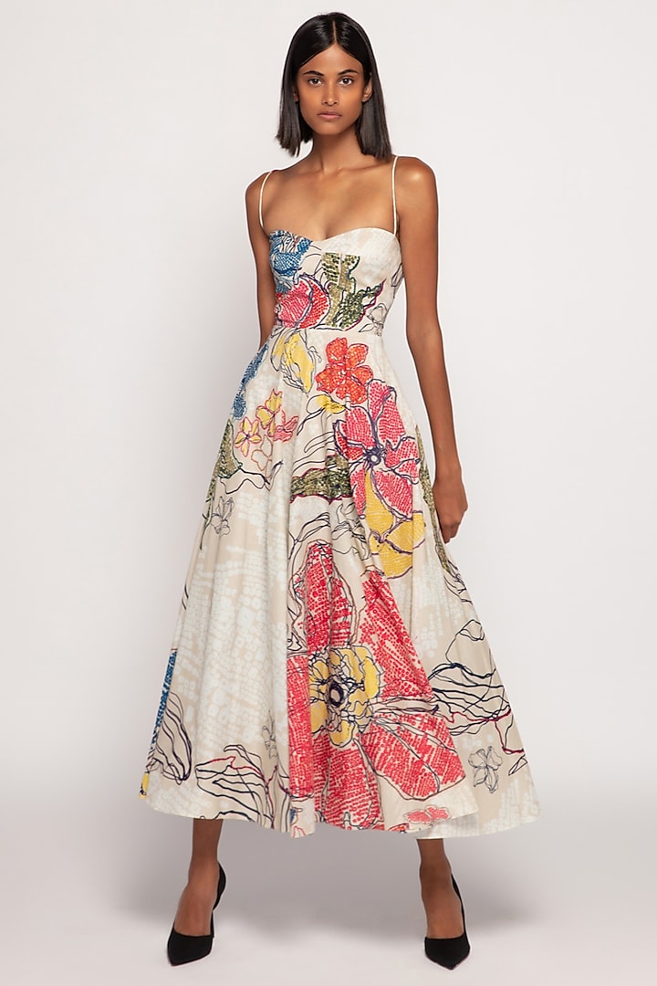 Multi-Colored Cambric Bandhani Printed Maxi Dress by Saaksha & Kinni