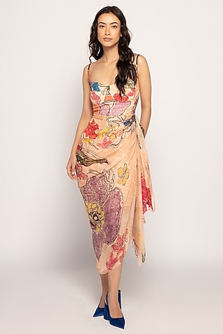 Peach Satin & Cotton Silk Printed Midi Dress by Saaksha & Kinni