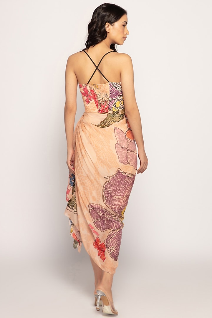 Peach Satin & Cotton Silk Printed Midi Vacation Dress by Saaksha & Kinni at Pernia's Pop Up Shop
