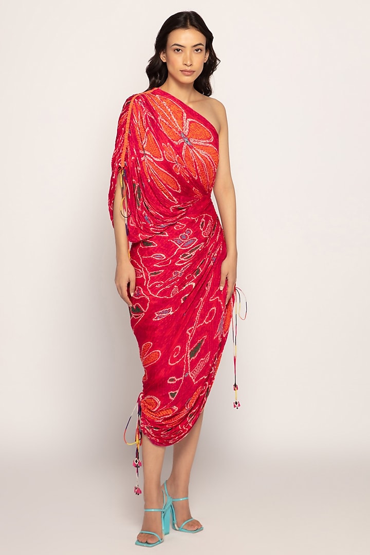 Pink & Orange Cotton Silk Printed Midi Dress by Saaksha & Kinni at Pernia's Pop Up Shop