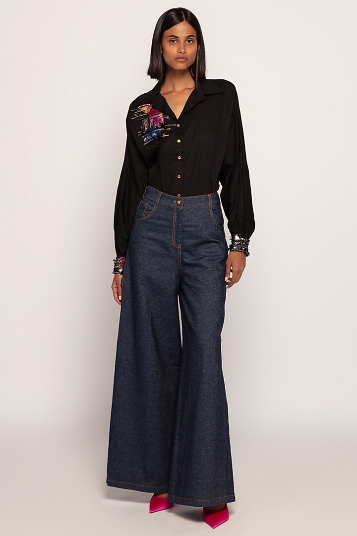 Dark Blue Denim Pant Set by Saaksha & Kinni at Pernia's Pop Up Shop