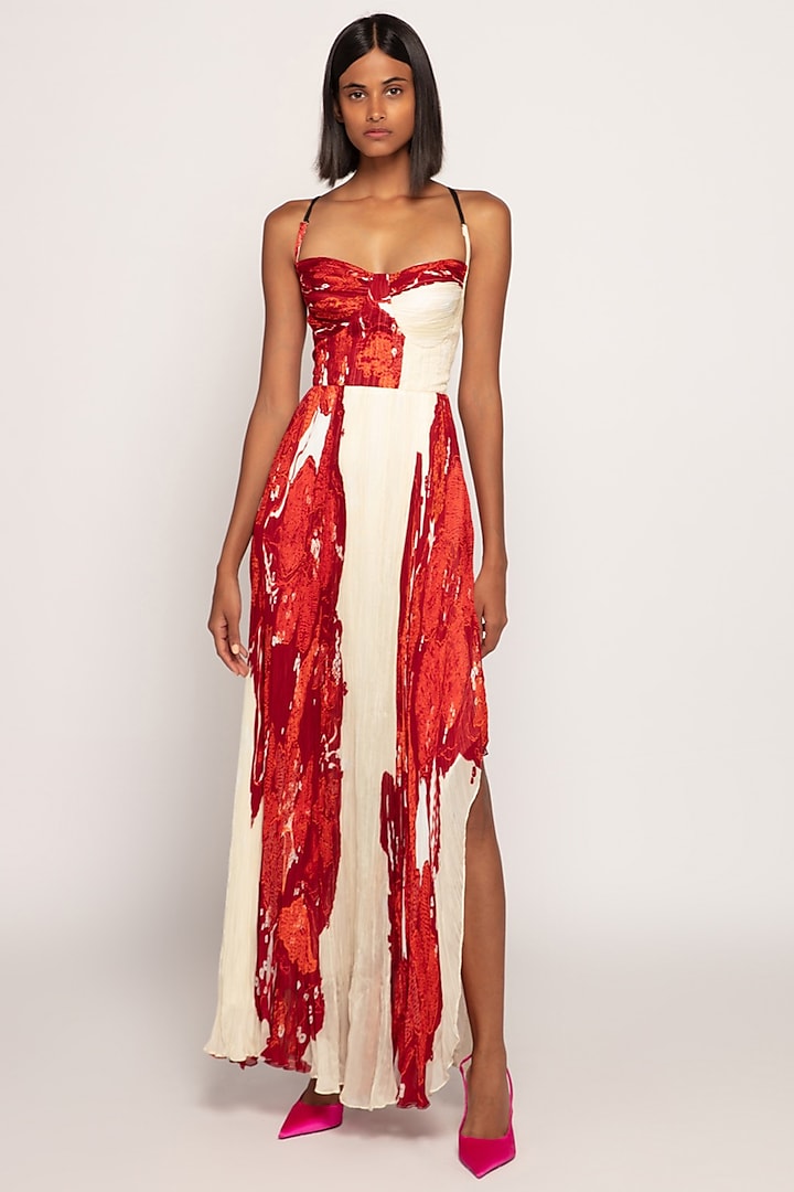 Ivory & Red Chiffon Bandhani Printed Maxi Dress by Saaksha & Kinni at Pernia's Pop Up Shop