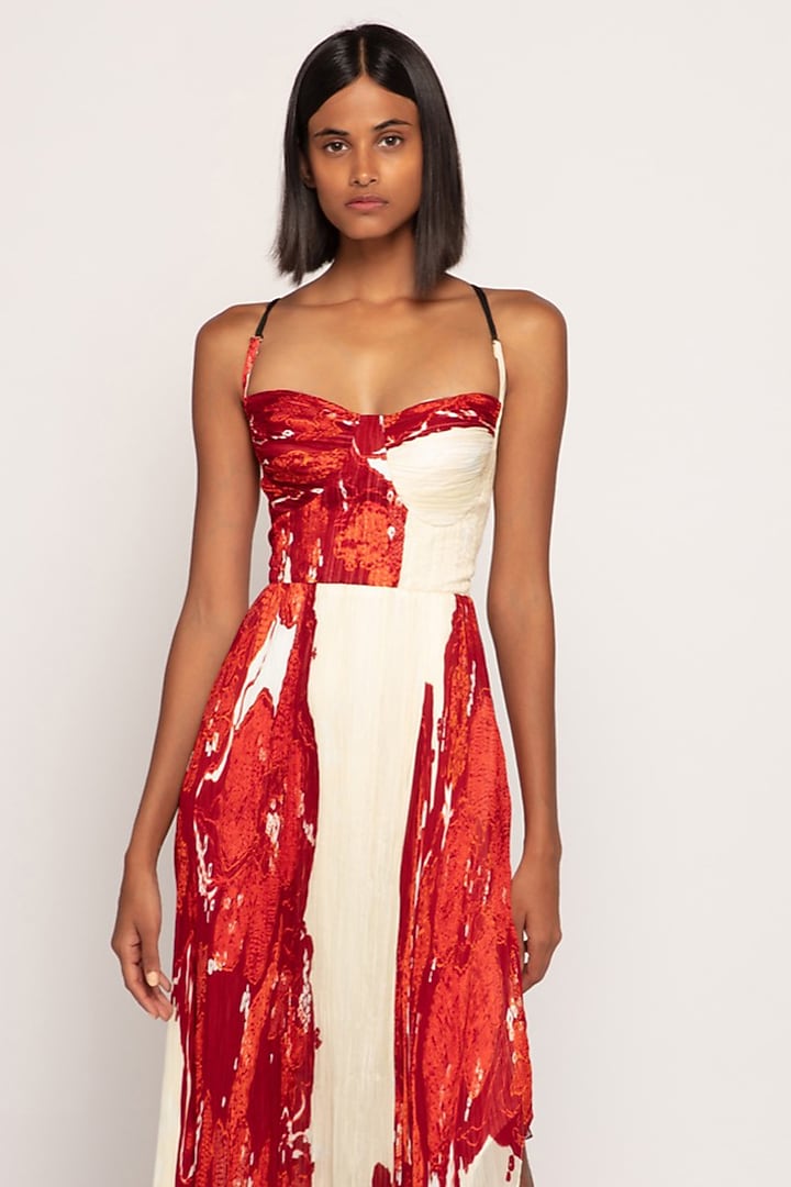 Ivory & Red Chiffon Bandhani Printed Maxi Vacation Dress by Saaksha & Kinni at Pernia's Pop Up Shop