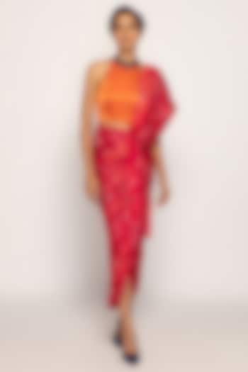 Orange Georgette & Sequins Georgette Hand-Painted Floral Digital Printed Wedding Saree Set by Saaksha & Kinni at Pernia's Pop Up Shop