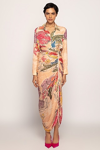 Peach Cotton Silk Printed Skirt Set by Saaksha & Kinni
