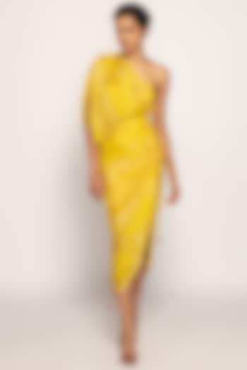 Yellow Cotton Silk Bandhani Printed Midi Dress by Saaksha & Kinni