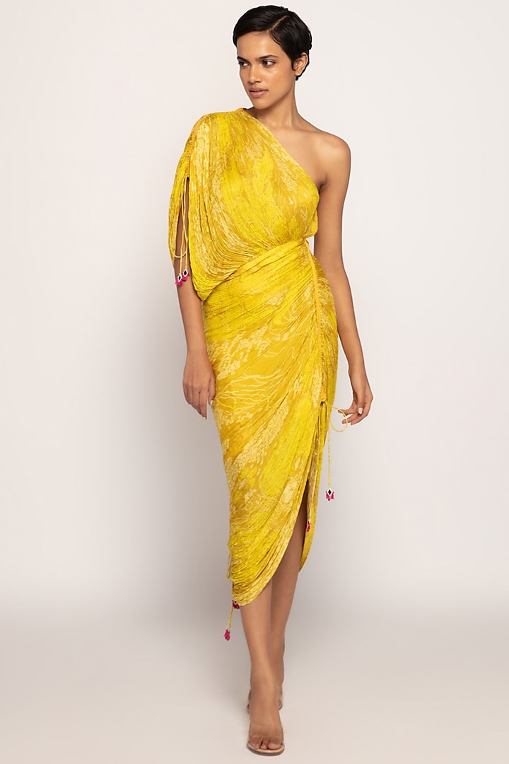 Yellow Cotton Silk Bandhani Printed Midi Dress by Saaksha & Kinni